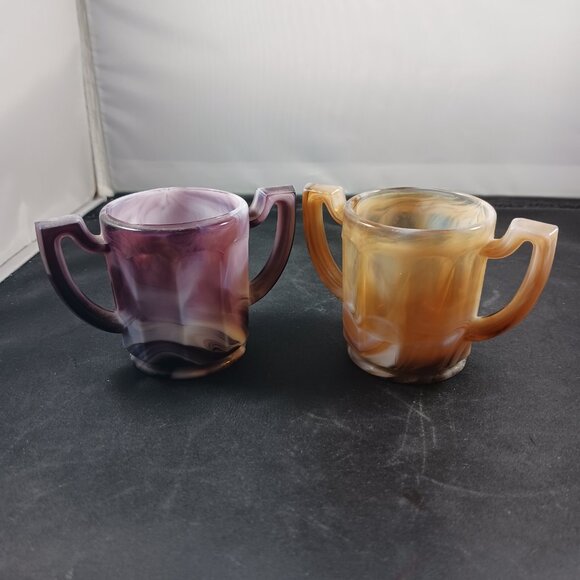 Vintage 2pcs Slag Glass Imperial Brown and Purple Small Toothpick Holders - Picture 3 of 12